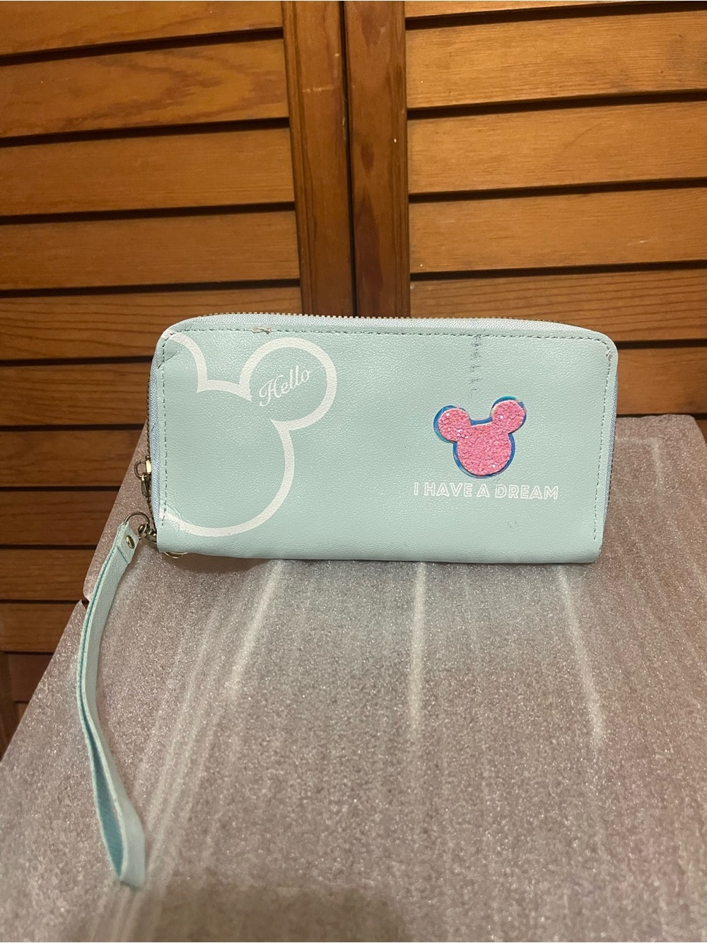 Disney Mint Wristlet Wallet with Pink Glitter Mickey